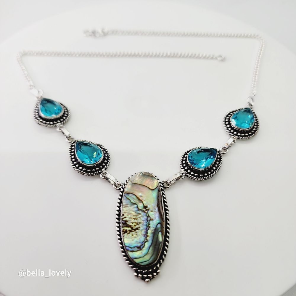 Dazzling Abalone Shell Blue Topaz Ethnic Handmade Necklace Gift 19"